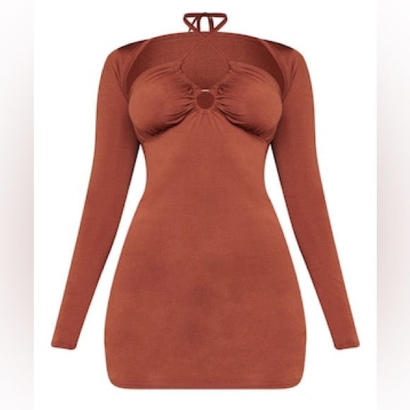 Chocolate Slinky Trim Detail Long Sleeve Mini Bodycon Dress - Picture 3 of 5